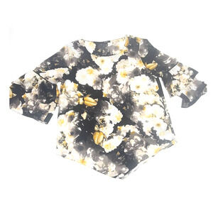 Alfani yellow black floral long sleeve ruffle blouse women's medium v hem